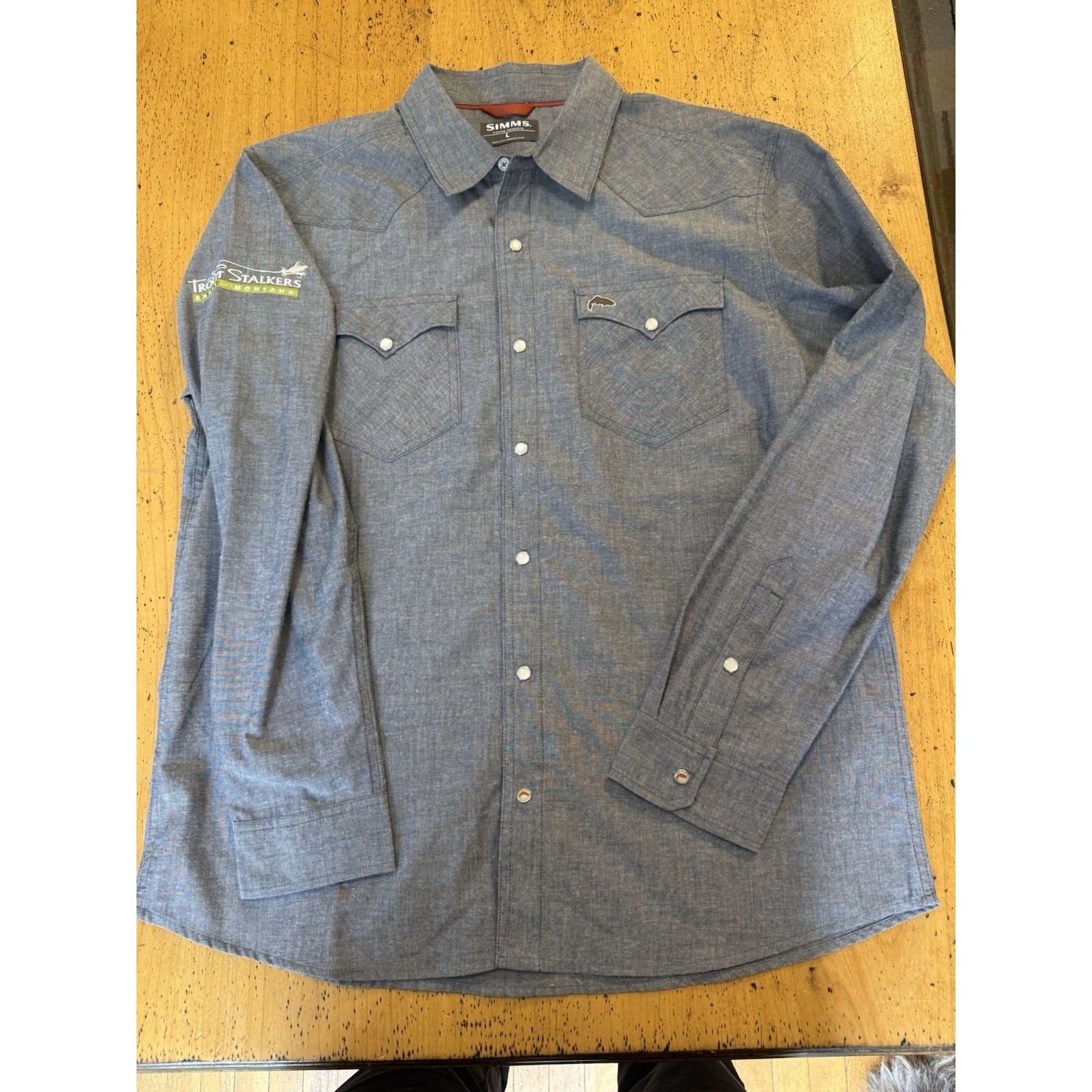 Simms Fishing No-Tellum Shirt Blue/Gray Pearl Snap Travel Fishing Size Large